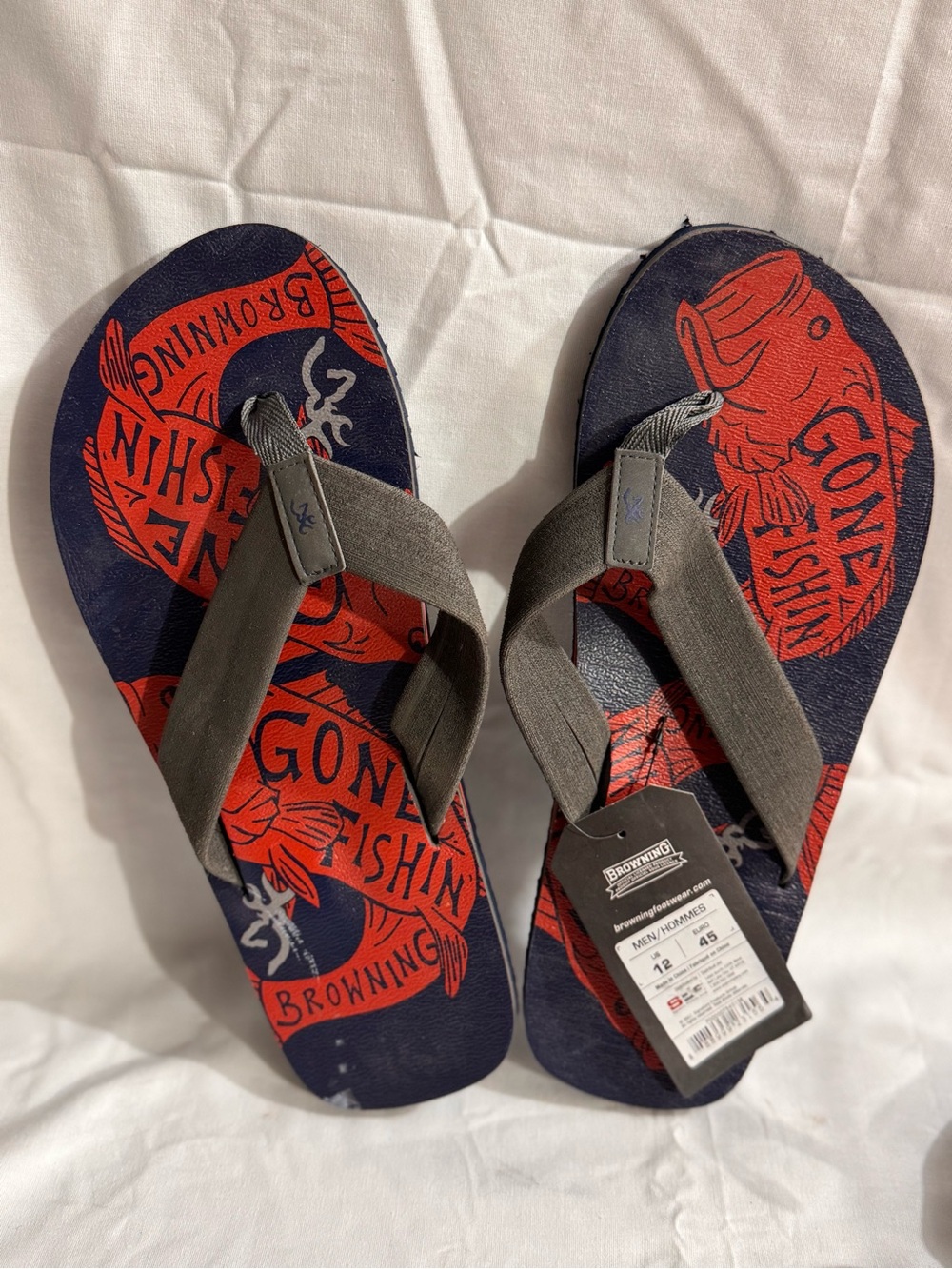 Browning Navy and Red 'Gone Fishin' Graphic Flip Flops